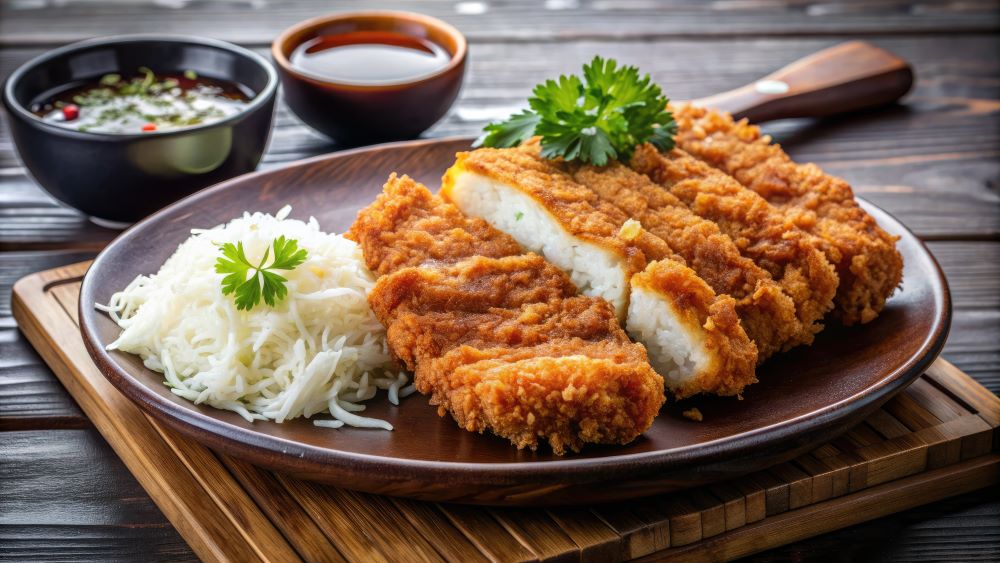 Tonkatsu mit Kohlsalat auf einem Teller.